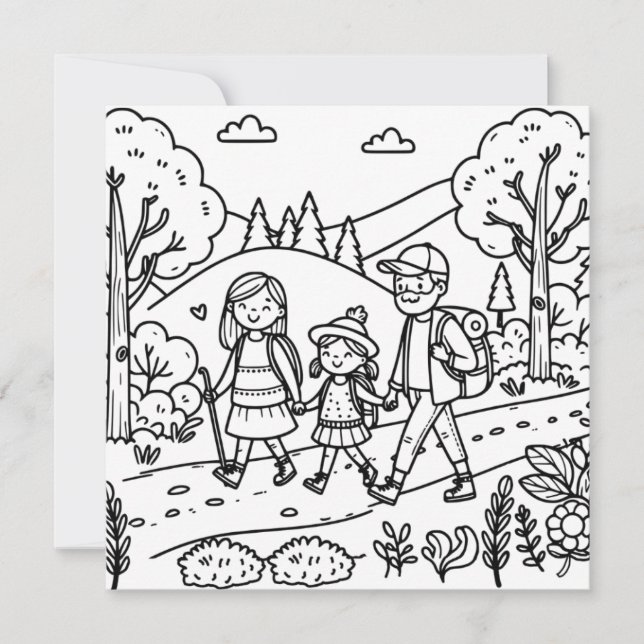 A cute Family Hiking and Camping Coloring Page (Front)