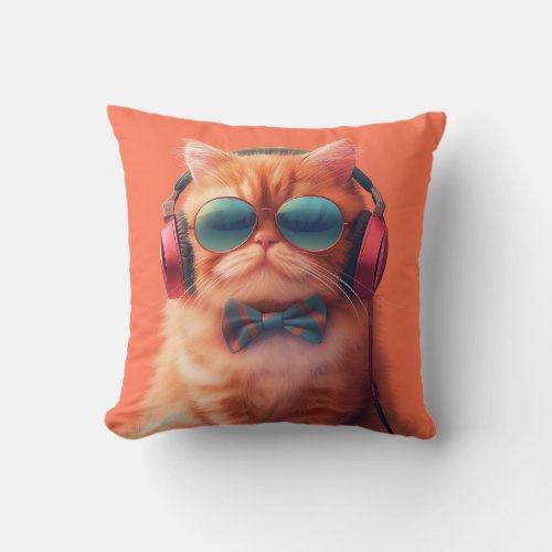 a cute fat orange kitten with glasses throw pillow