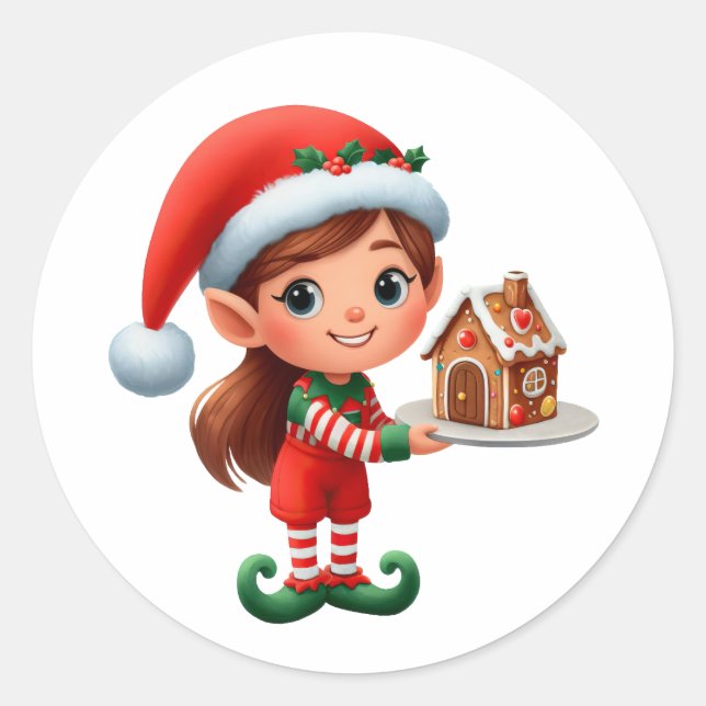 A cute female Elf holding a gingerbread house Classic Round Sticker (Front)