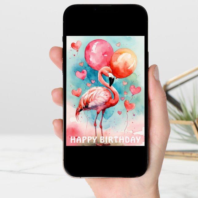 A Cute flamingo with ballons heart birthday  Card (Front Digital)