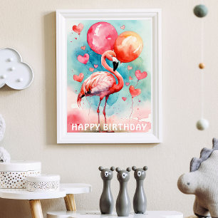A Cute flamingo with ballons heart birthday  Poster