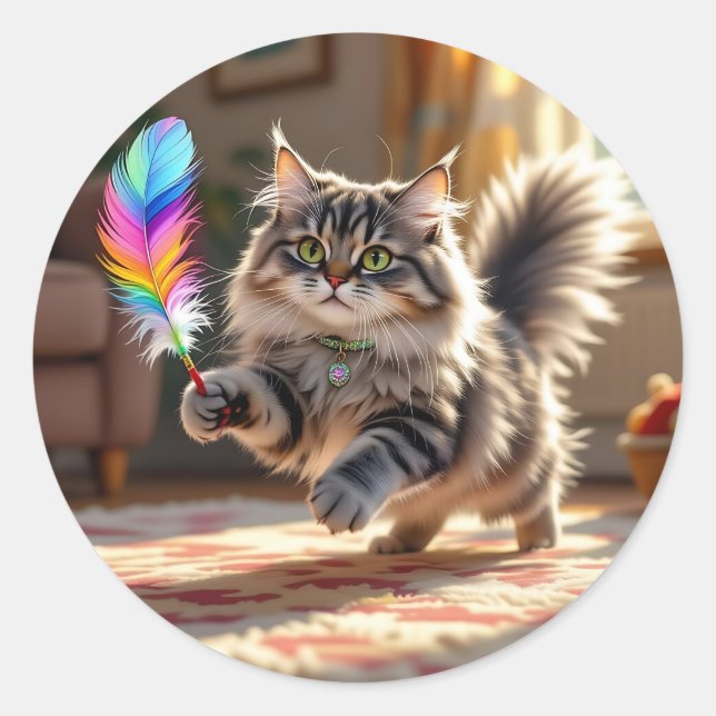 A Cute Fluffy Cat Chasing a Feather Classic Round Sticker (Front)