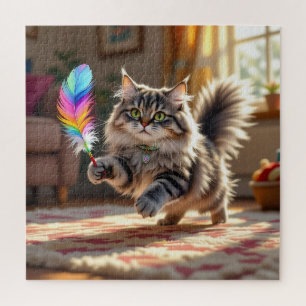A Cute Fluffy Cat Chasing a Feather Jigsaw Puzzle