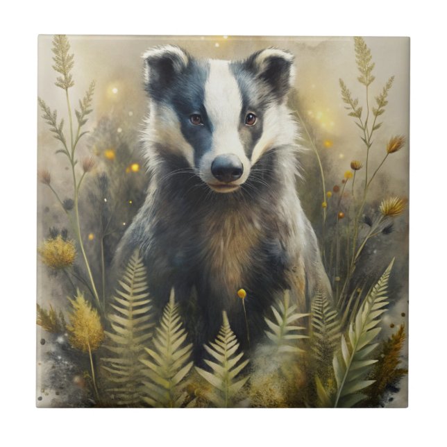 A Cute Forest Badger Ceramic Tile (Front)