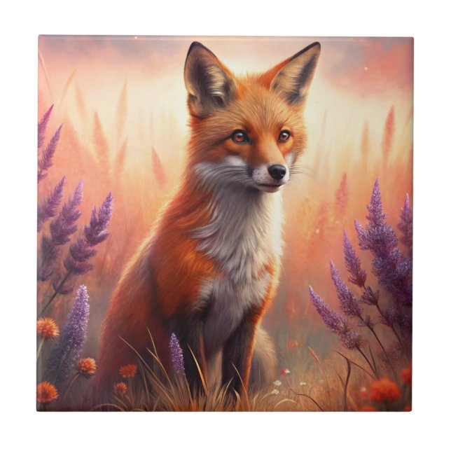 A Cute Forest Red Fox Ceramic Tile (Front)