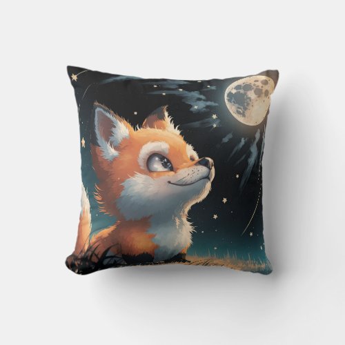 A Cute Fox Admiring Stars and Full Moon Throw Pillow