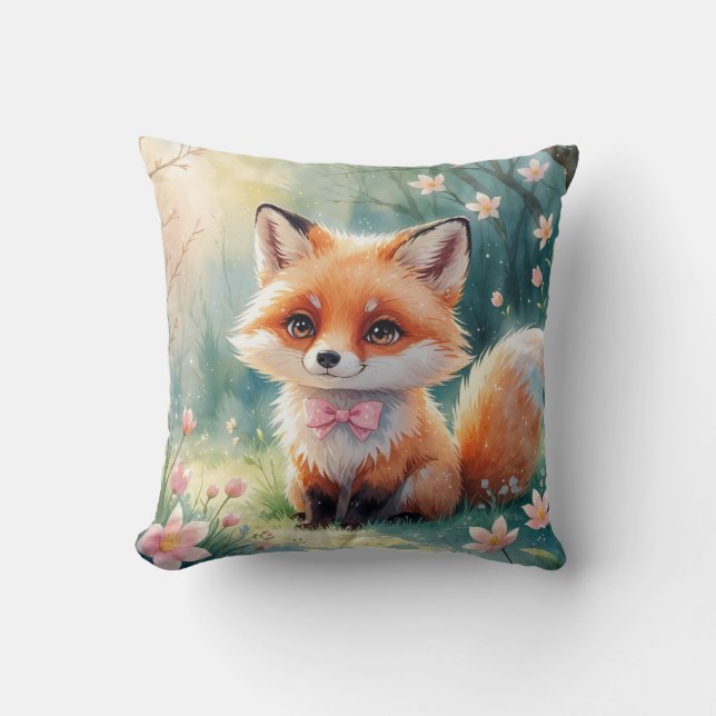 A Cute fox and pink bow Throw Pillow (Front)
