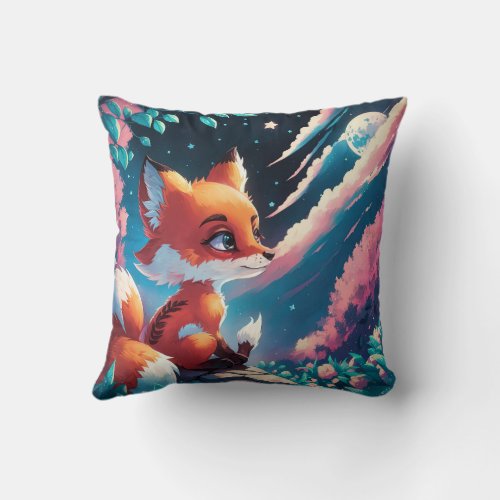 A Cute Fox in a Fantasy World under Moon Light Throw Pillow