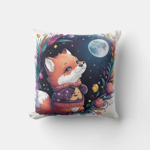 A Cute Fox Looking at Moon at Night Flowers Throw Pillow