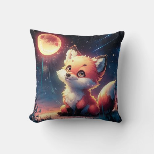 A Cute Fox Looking at Red Full Moon Throw Pillow