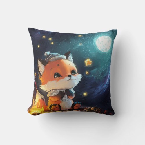A Cute Fox Near a Bonfire Looking at Full Moon Throw Pillow