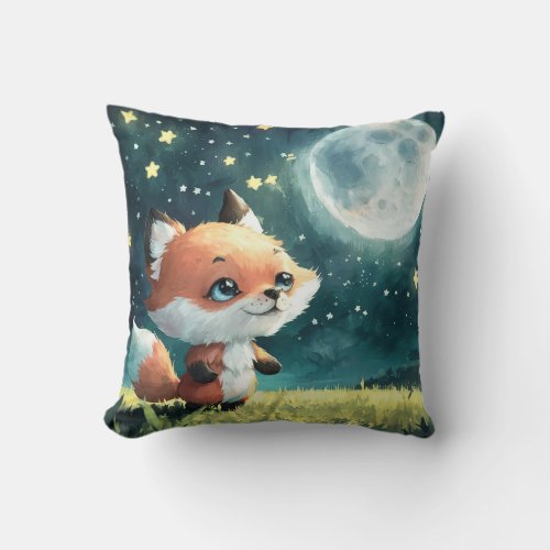 A Cute Fox on Grass Looking at Full Moon and Stars Throw Pillow