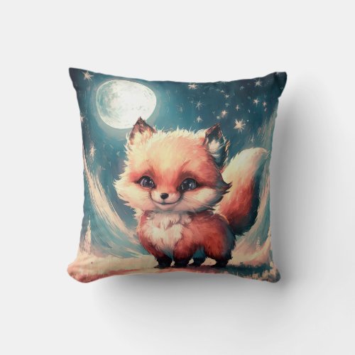A Cute Fox under a Moon Light at Night Throw Pillow