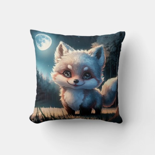 A Cute Fox under Full Moon Light Throw Pillow