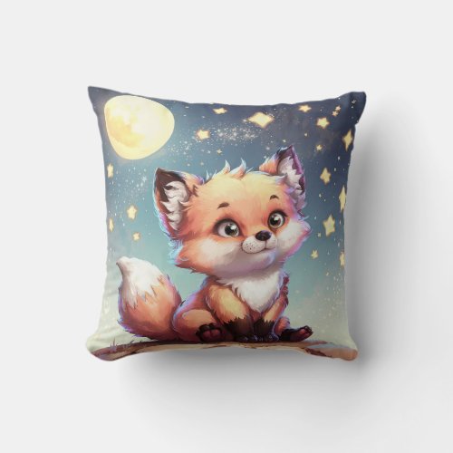 A Cute Fox under Full Moon on a Rock Throw Pillow