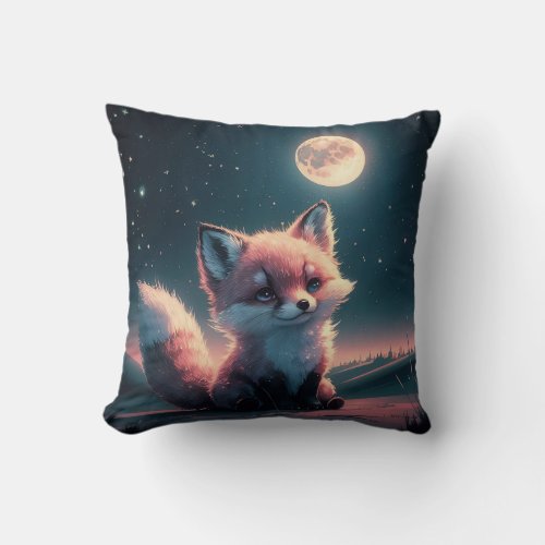 A Cute Fox under Moon Light Glow Throw Pillow