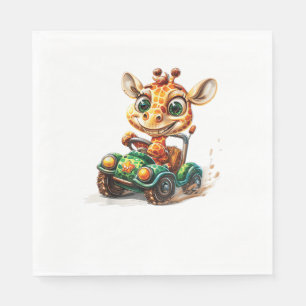 A Cute Giraffe Driving A Car On Road, With A Happy Napkins