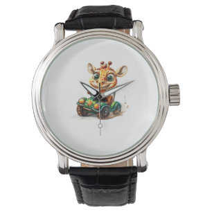 A Cute Giraffe Driving A Car On Road, With A Happy Watch