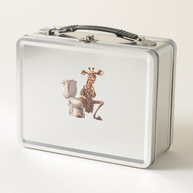 A Cute Giraffe In Pajamas Sitting On A Toilet  Metal Lunch Box (Front)