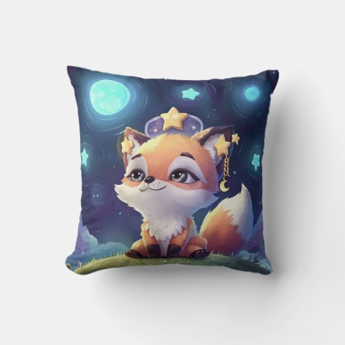 A Cute Girl Fox Under Full Moon and Stars Throw Pillow
