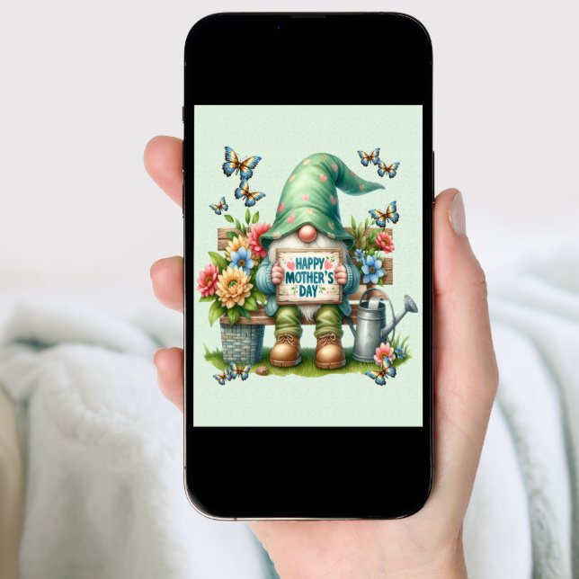 A cute gnome on a bench wishing happy mothers day  holiday card (Front Digital)