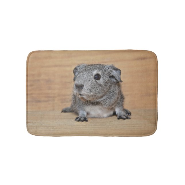 A Cute Gray Guinea Pig on Brown Wood Bathroom Mat (Front)