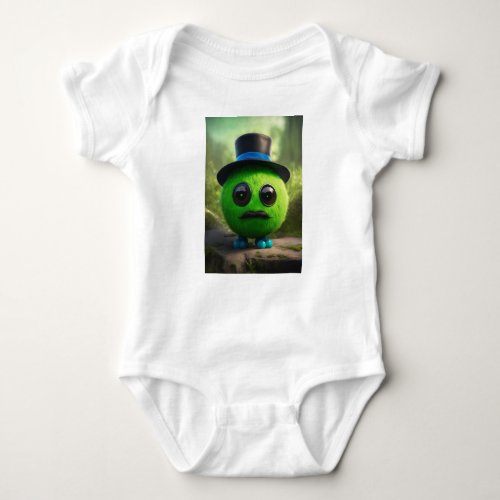a cute green ball monster with a black mustache an baby bodysuit
