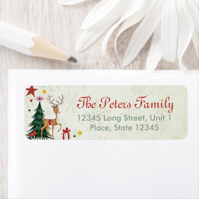 A cute green tree Girly Christmas animal Reindeer Label (Insitu)