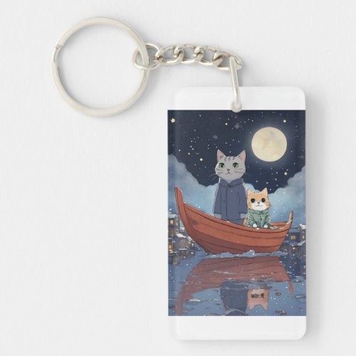 A cute grey cat in a boat floating  keychain