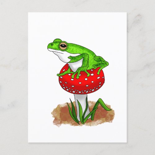 A cute Hand drawn Frog on a Whimsical Mushroom Postcard