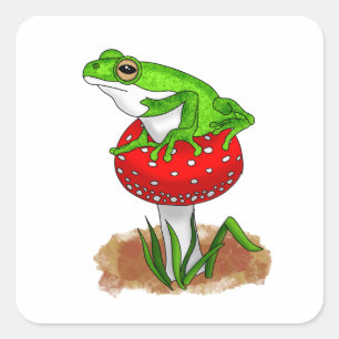 A cute Hand drawn Frog on a Whimsical Mushroom Square Sticker