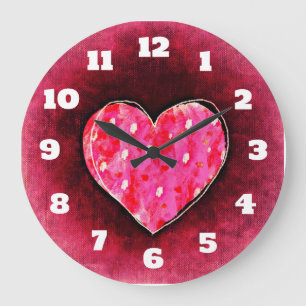 A Cute Hand Drawn Pink Heart on a Grunge Texture Large Clock