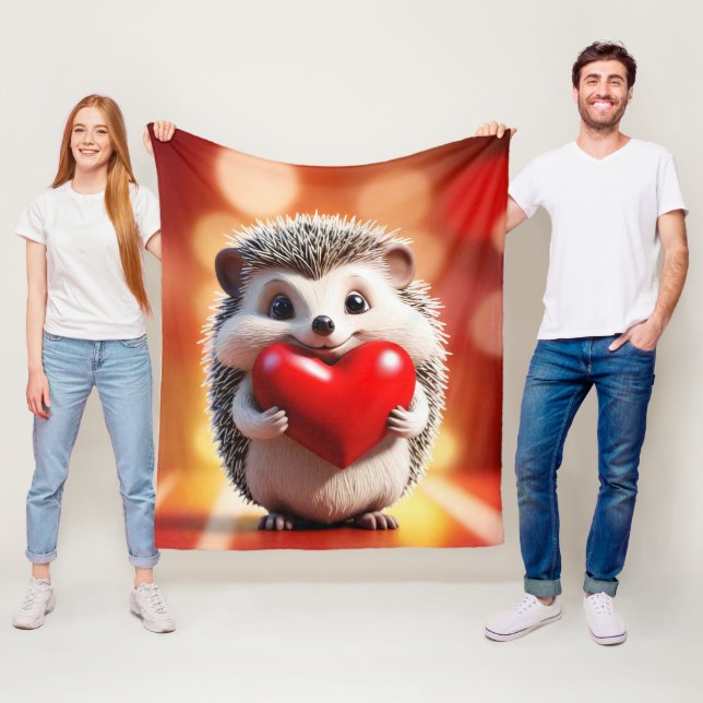 A cute hedgehog holding a heart fleece blanket (In Situ)
