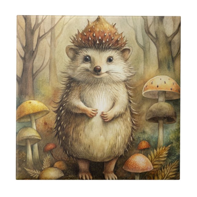 A Cute Hedgehog in Forest Ceramic Tile (Front)