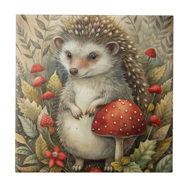 A Cute Hedgehog in Forest Ceramic Tile (Front)