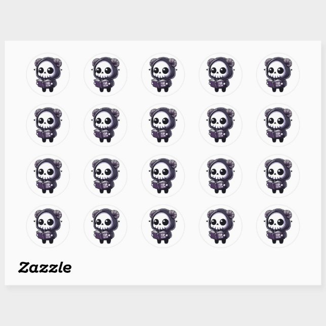 A Cute Horned Skull Reading Fanfiction Classic Round Sticker (Sheet)