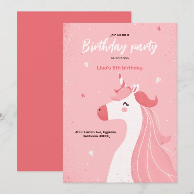 A cute invitation for a girl with a pink unicorn (Front/Back)