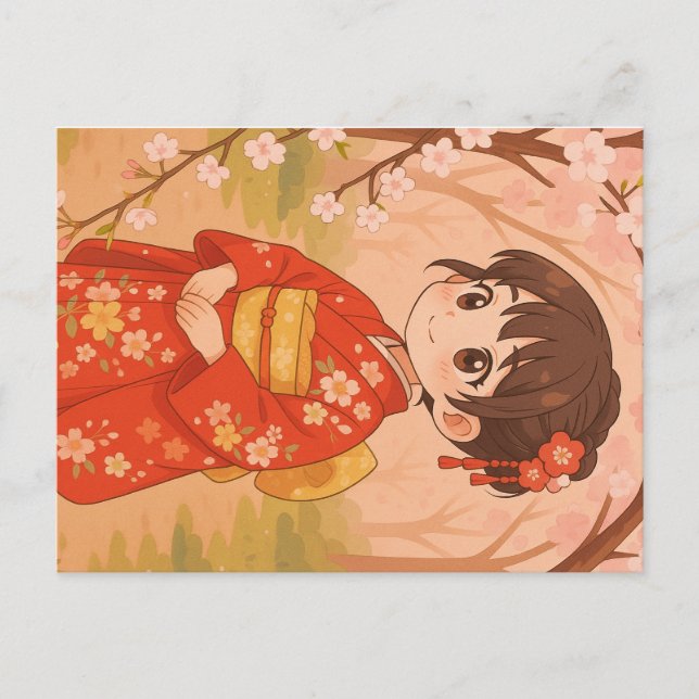 A cute Japanese girl in a cherry blossom garden  Postcard (Front)