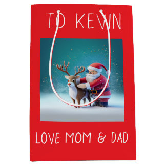 A Cute, Joyful Santa and Rudolf in the Snow Medium Gift Bag