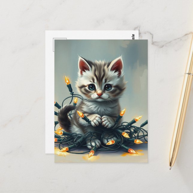 A cute Kitten Wrapped in Christmas Lights Postcard (Front/Back In Situ)