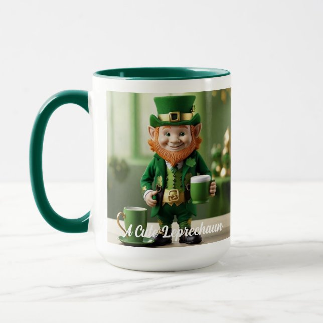 A Cute Leprechaun Holding a Green Cup Coffee Mug (Left)