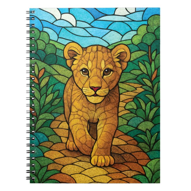 A cute lion cub walking, stained glass digital art notebook (Front)