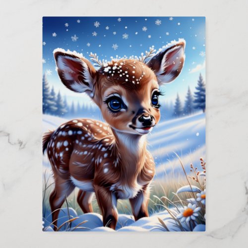 A cute little baby deer on a winter meadow big r foil holiday postcard