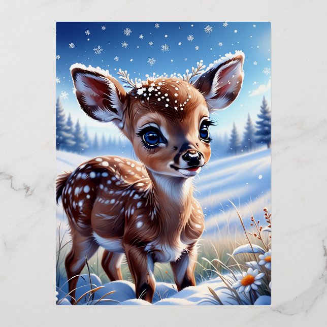 A cute little baby deer on a winter meadow, big r foil holiday postcard (Front)