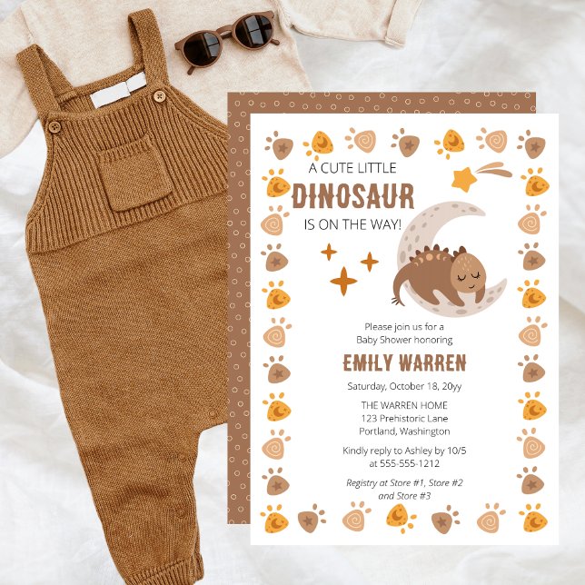 A Cute Little Dinosaur Is On The Way Baby Shower Invitation ("A Little Dinosaur Is On The Way!" Cute Boy Baby Shower with Sleeping Dinosaur | Dinosaur Footprints)