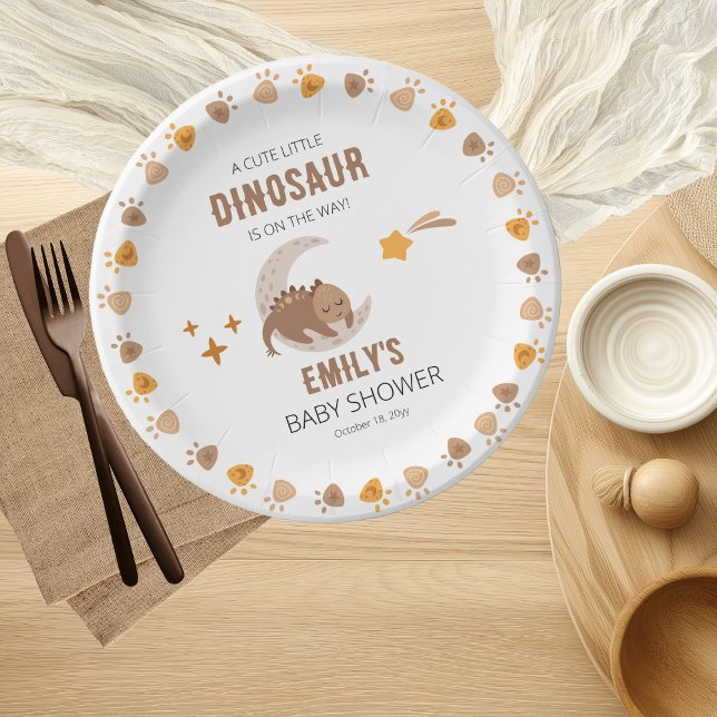 A Cute Little Dinosaur Is On The Way Baby Shower  Paper Plates ("A Cute Little Dinosaur Is On The Way" Sleeping Dinosaur and Footprints Boy Baby Shower Paper Plates)