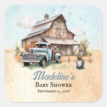 A Cute Little Farm Boy Baby Shower Square Sticker by holidayhearts at Zazzle
