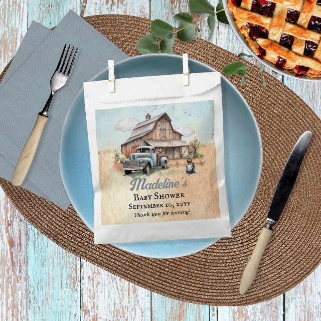 A Cute Little Farmer Baby Boy Shower Thank You Favor Bag ("A Cute Little Farm Boy Is On His Way!" Rustic Barn and Vintage Truck Boy Baby Shower Favor Bags)