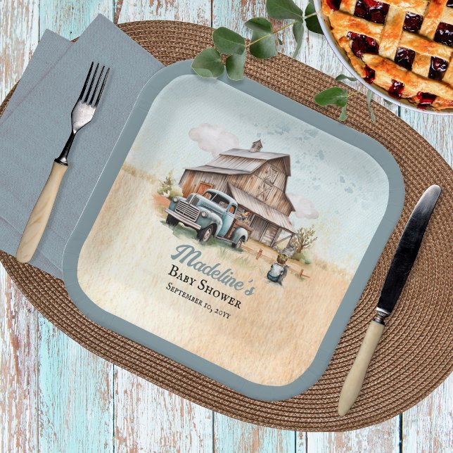 A Cute Little Farmer Baby Shower Paper Plates ("A Cute Little Farm Boy Is On His Way!" Rustic Barn and Vintage Truck Boy Baby Shower Paper Plates)