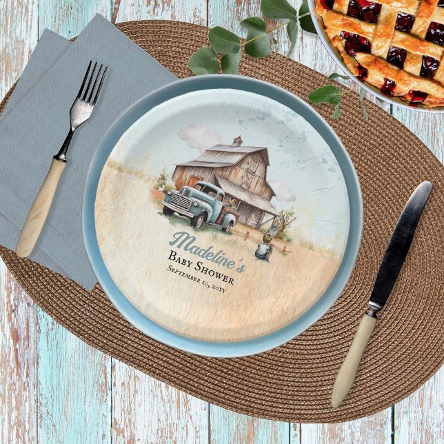 A Cute Little Farmer Baby Shower Paper Plates ("A Cute Little Farm Boy Is On His Way!" Rustic Barn and Vintage Truck Boy Baby Shower Paper Plates)